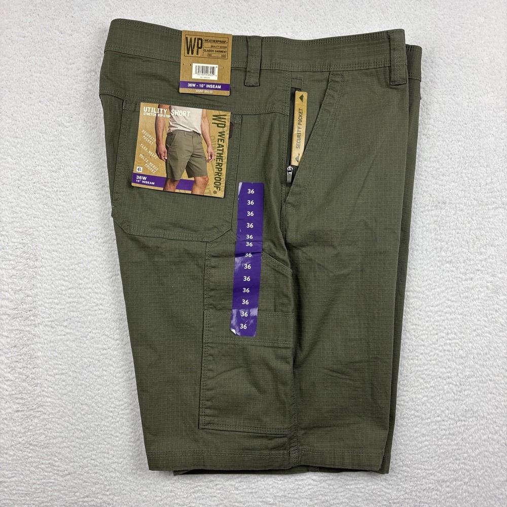 NEW WEATHERPROOF Utility Shorts Mens Size 36 Green Stretch Ripstop 10" Cargo NWT